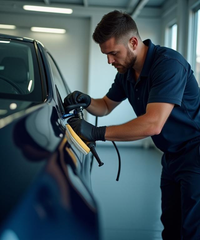 Miembro del equipo de Cúpula Car Wash puliendo un coche con dedicación.